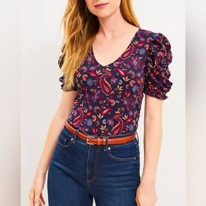 LOFT Paisley Ruffle Cinched Sleeve V-Neck Top SZ XXL
